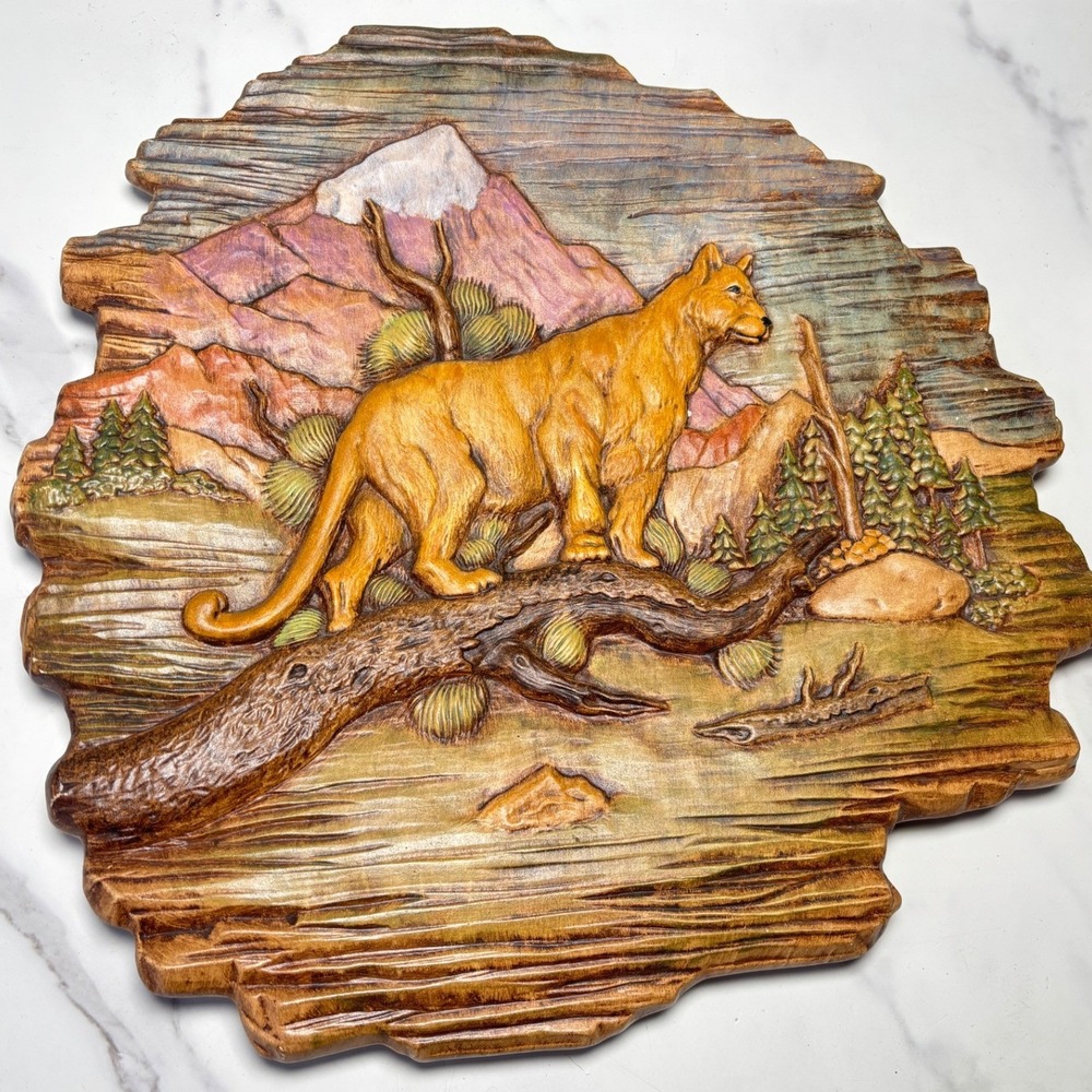 Vintage 3D Mountain Lion Relief Wall Plaque Rustic Wildlife Cabin Decor 12.5in
